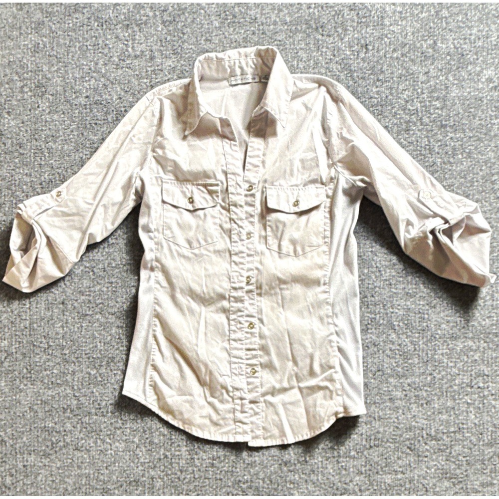 Notations Womens light grey Collared Button-Up Roll Tab 3/4 Sleeve Stretch Top S